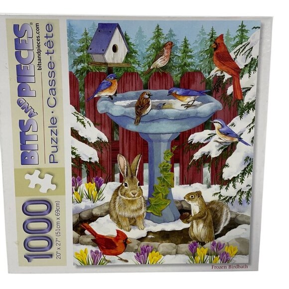 Bits & Pieces 1000-Piece Jigsaw Puzzle Frozen Birdbath Winter Nature Scene - Picture 1 of 3